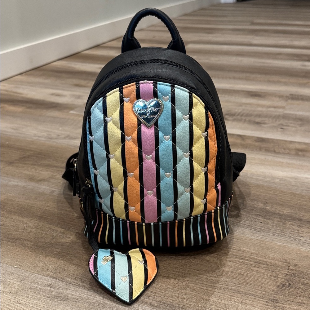 Betsey Johnson Striped multi colored mini Backpack embroidered hearts quilted